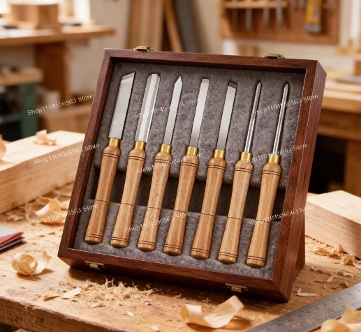 8-Piece Wood Turning Tool Set High Speed Steel Lathe Chisels with Wooden Box & Beechwood Handle High Hardness for Woodworking