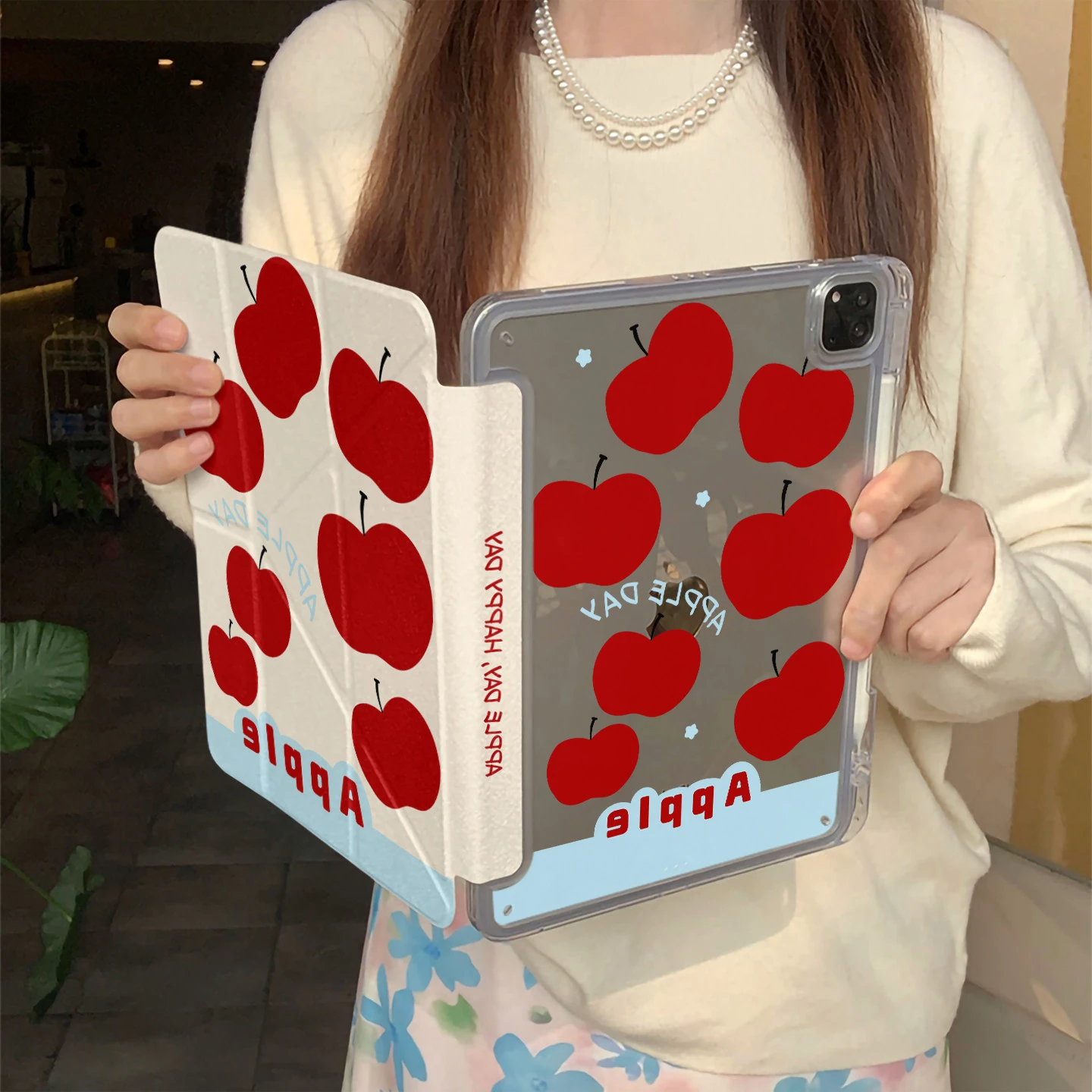 Red Apple Print Y-Fold Flip Back Cover For iPad Air 11 Case iPad 10th 11th A16 9th Cover for iPad Pro 11 10.9in 13 M4 M5 2025