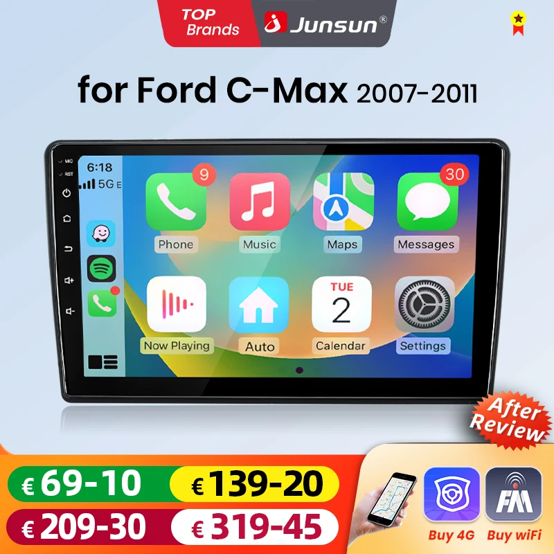 Junsun Android Auto autoradio pour Ford c-max 2007 2008 2009 2010 2011 multimédia sans fil CarPlay SWC GPS Navi RDS DSP FM