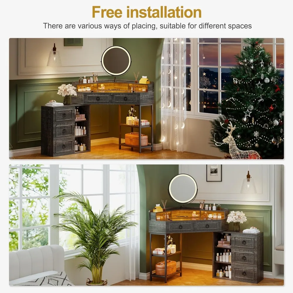 مكتب زينة زاوية بنية مع مرآة وأضواء LED ومحطة شحن