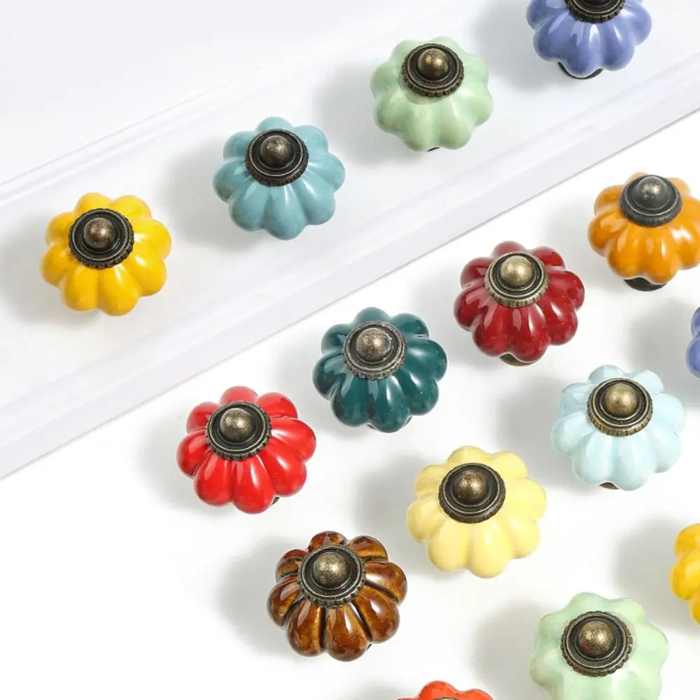 

Retro Single Hole Ceramic Pumpkin Handle Round European Style Door Pull Handles Vintage Drawer Knobs Bookcase