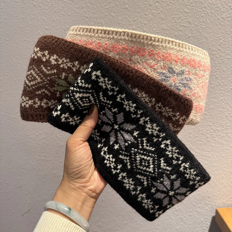 

Французская жаккардовая вязаная повязка для волос, утолщенные теплые ленты для волос, осенне-зимняя теплая полая повязка для волос с защитой ушей