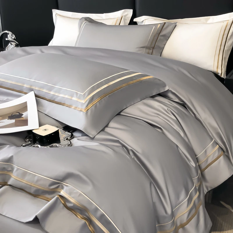 

Hotel Style Bedding Set Luxury Golden Embroidery Duvet Cover Grey Egyptian Cotton Bed Sheets Pillowcases Solid Color Bedclothes