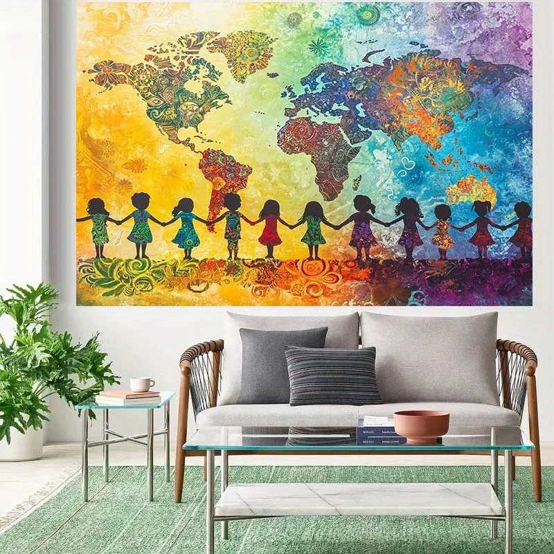 2D flat banner, 1 piece, vivid background of a multicultural and diverse world map, people holding handsDJH