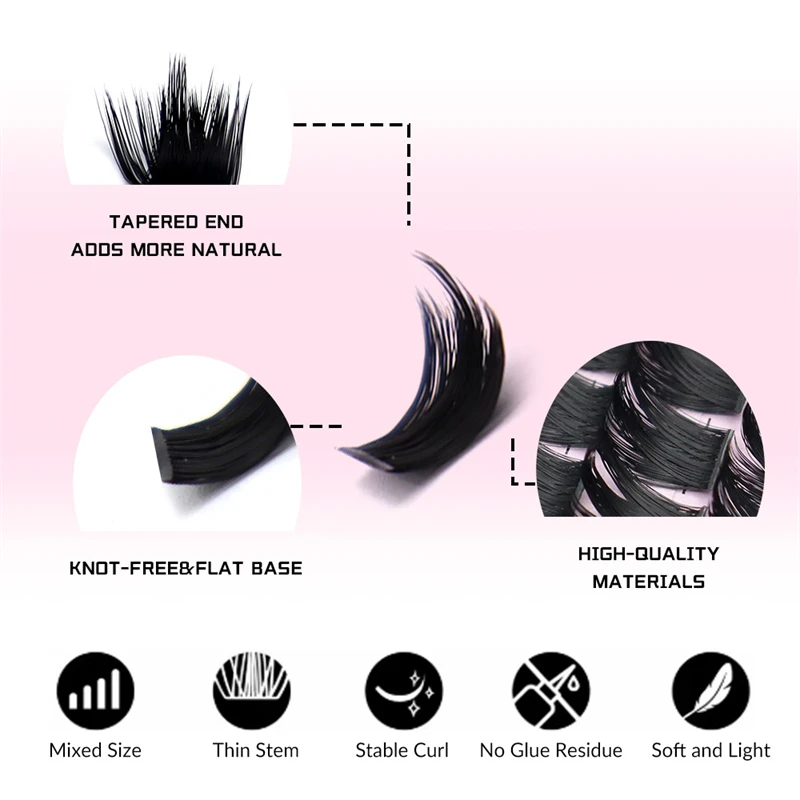 고품질 소재 혼합 사이즈 얇은 줄기 안정적인 컬 글루 잔여물 없음 테이퍼드 밀집형 DIY 속눈썹