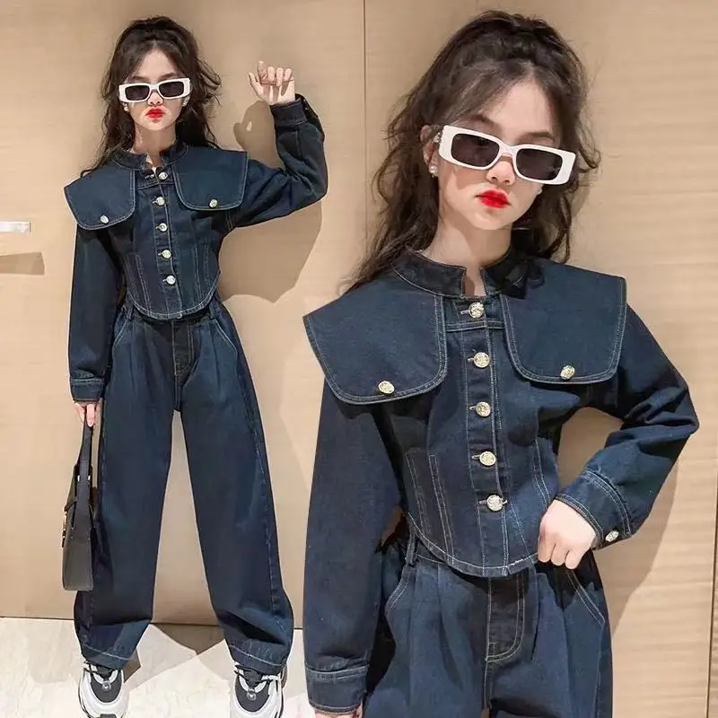 

Girl Spring Autumn New Denim Sets Children Long Sleeve Fashion Suits Coat + Pants 2pcs Sets Teenage Clothes 2pcs Suits