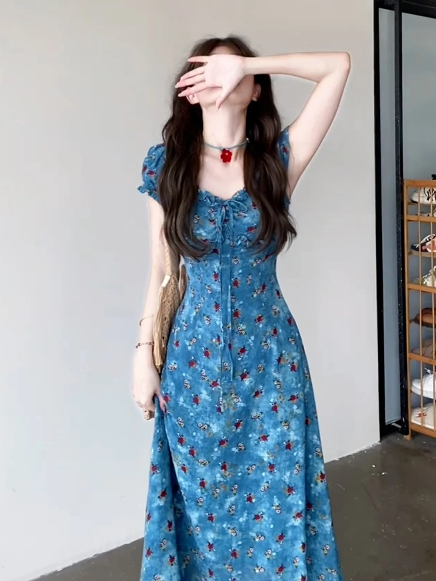 Vestidos de manga curta das mulheres noite 2025 mulher primavera gaze frisado em camadas puff manga império cintura cottagecore fairycore fofo