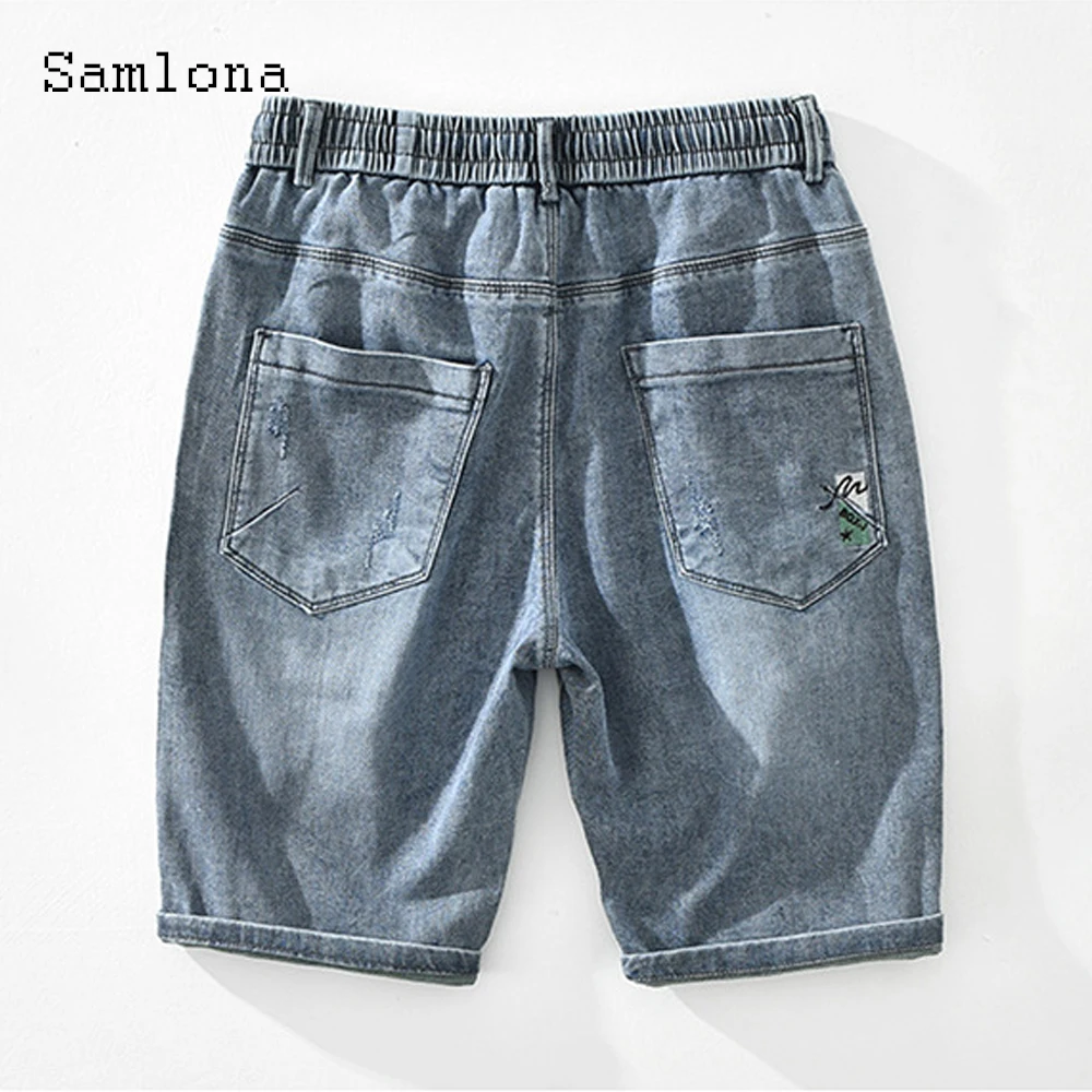 Samlona Men Latest Demin Shorts 2022 Summer New Sexy Lace-up Shorts Plus size Male Fashion Ripped Demin Short Pants Grey Blue