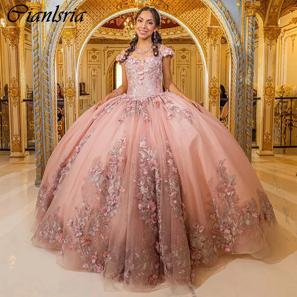 Rose Gold Spaghetti Strap Ball Gown Quinceanera Dresses 3D Flowers Appliques Lace Corset Vestidos De 15 Años