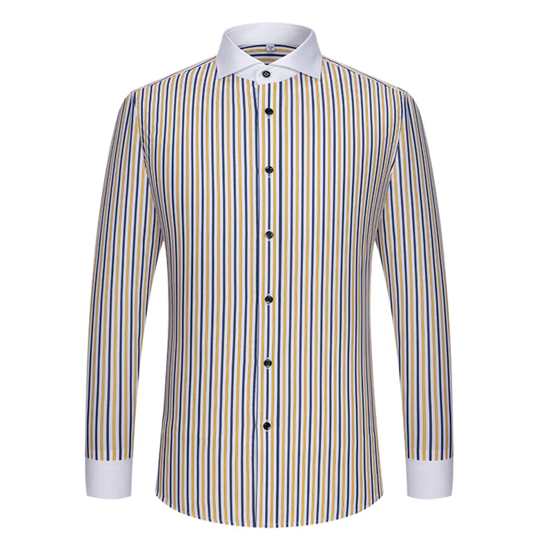 2024Men\'s shirt long sleeved slim fit striped Windsor collar contrasting color collar business casual one line collar shirt