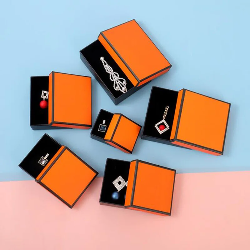 Orange Square Jewelry Organizer Box Engagement Ring For Earrings Necklace Bracelet Display Fashion Gift Handle Paper Bags