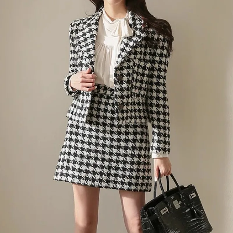 Chic Houndstooth Tweed Two Piece Sets Women Korean Elegant Blazer and Skirts Office Lady Streetwear Skirt Sets Business