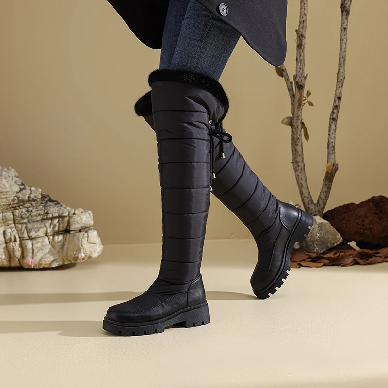 

Waterproof Down Fabric Splicing PU Thick Plush Lining For Winter Warmth, Snow Boots Thick Sole Anti Slip Rubber Winter Boots