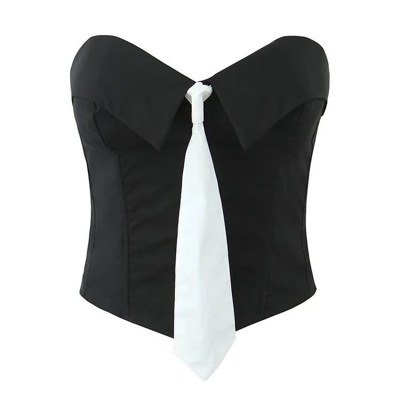 YENKYE Sexy Elegant Tie Strapless Top Black White For Women Chic Party Club Streetwear