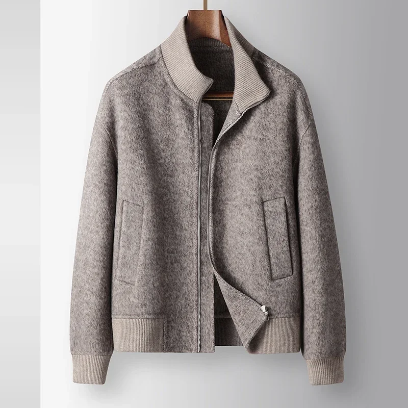 2026 Autumn Winter Men Double Face Wool Blend Bomber Jacket 66.8% Sheep Wool Zip Up Rib Hem Casual Male Woolen Outerwear Coat