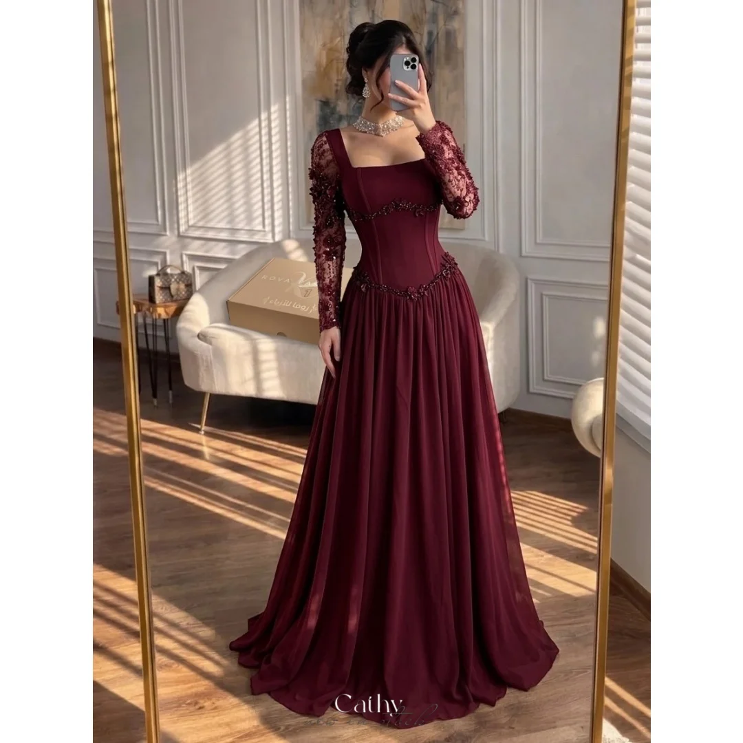 Cathy Customized Burgundy Square Collar Long Sleeve Prom Dress A-Line vestidos de noche Waist Cinching Luxury Evening Dresses