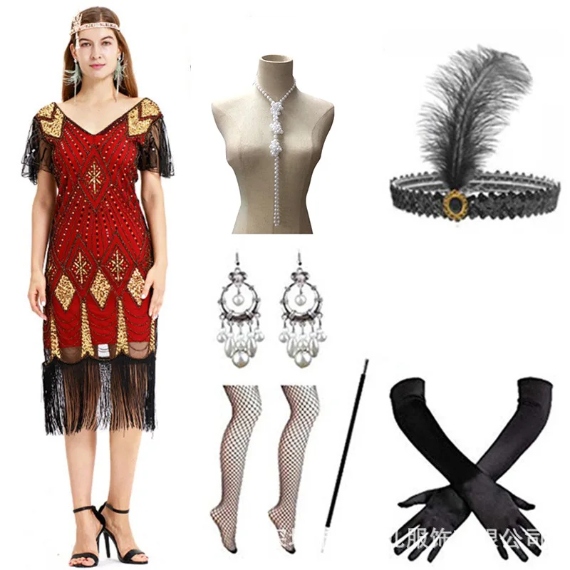 

1920s Women Sequin Fringe Dress Necklace Feather Headband Drop Earrings Fishnet Stockings Long Gloves Cigarette Party Set