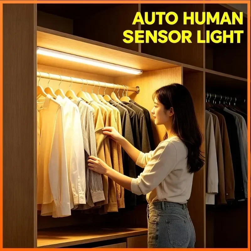 30cm motion sensor LED strip light USB-C rechargeable stick design, wireless under cabinet lamp ideal for wardrobe,