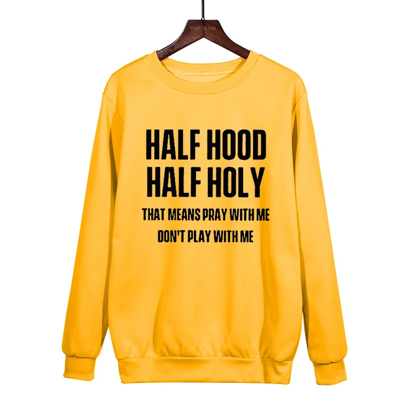 Half Hood Half Holy Letter Casual Loose Plus Size Round Neck Hoodie Harajuku  Aesthetic  Women Clothing  Tops  Graphic T Shirts