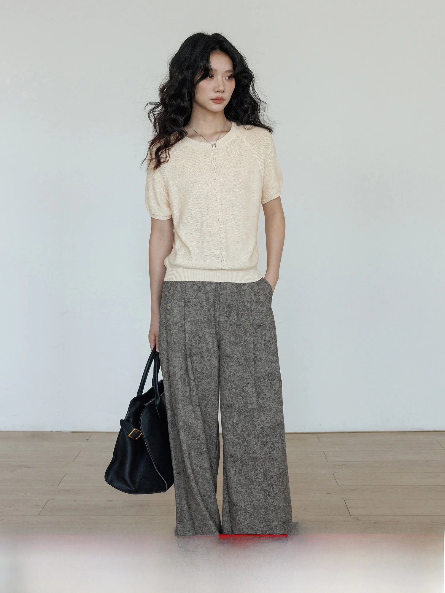 

Spring Vintage Embroidery Wide Leg Casual Pants Women's Loose Floor-Length Trousers Comfortable l Waist Polyester Blend