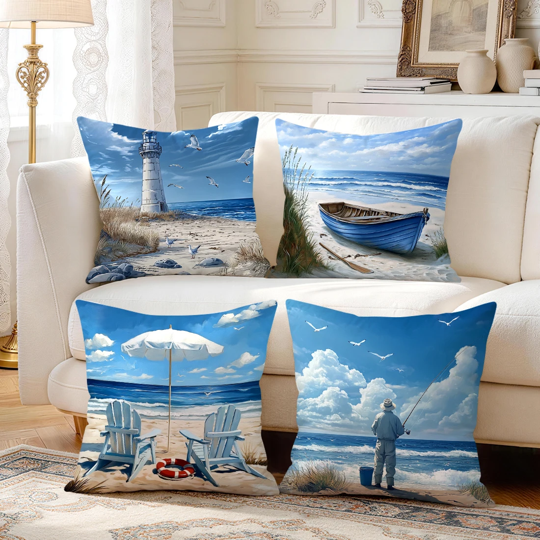 1pcs/4pcs Peaceful Beach Scene Cushions Pillowcase Polyester Cushion Cover Throw Pillow Pillowcover Home Car Sofa Decor