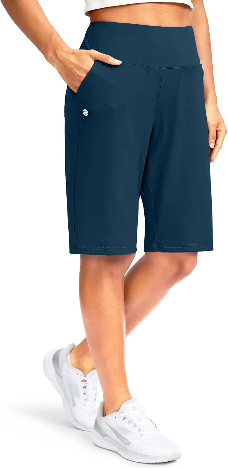 Pantalones Cortos Bermuda Largos de Cintura Alta para Mujer, Verano 2026, Color Sólido, Elásticos, Hasta la Rodilla, Deportivos, para Caminar, Uso Diario, Multicolor