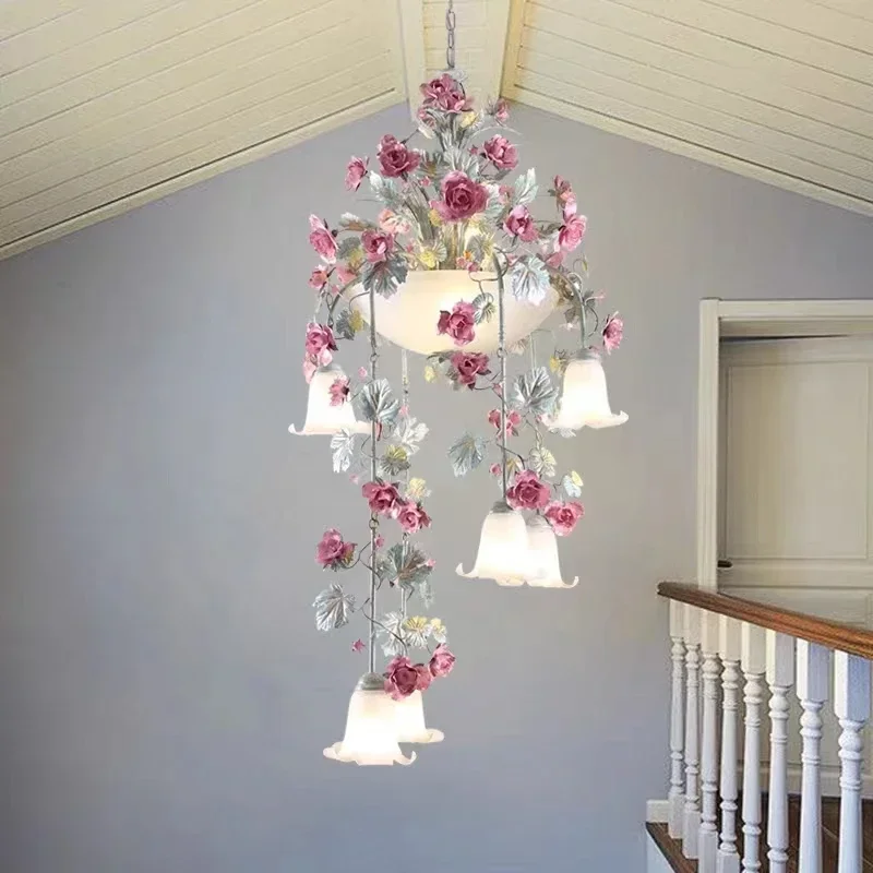 Pastoral Style Staircase Pendant Lamps Korean Romantic Handmade Iron Flower Luminaire Rose Lantern Long Glass Chandeliers