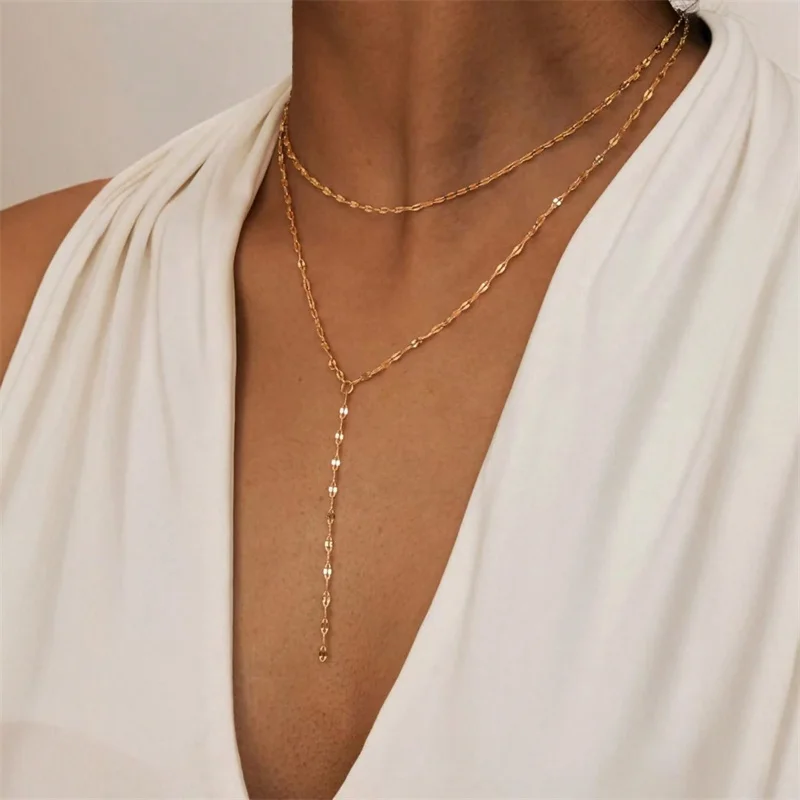 Minimalist Gold Color Metal Y-shaped Necklace for Women  Double Laryered Long Tassel Chain Necklace Fashion Party Jewelry Gift