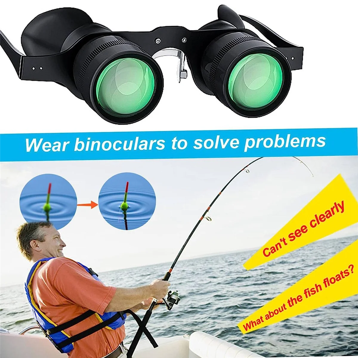 Fishing Binoculars Glasses Portable Hands Free Binoculars Telescope 10X Zoom Glasses for Outdoor Fishing Bird Watching