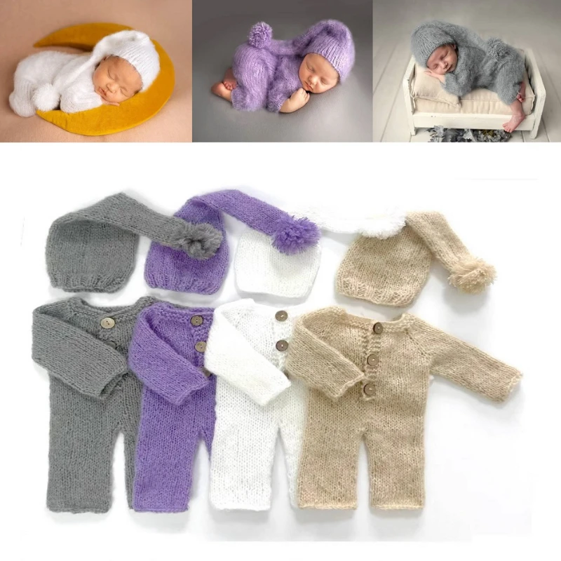 Newborn Photography Outfit Knitted Cap Mohair Baby Romper Jumpsuit and Hat Photo Shoot Props
