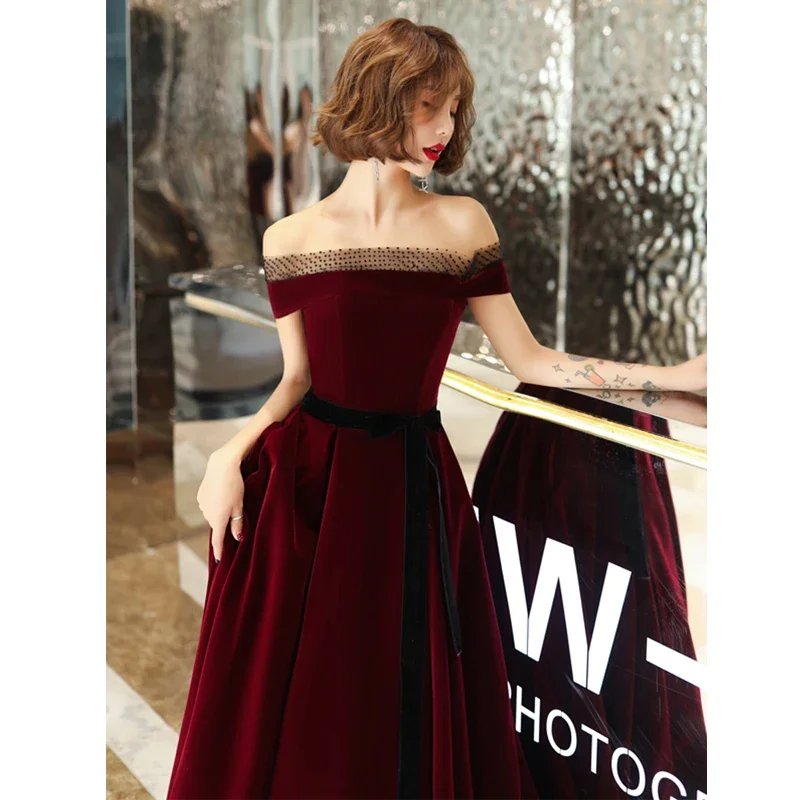 Evening Dress Burgundy Velvet Boat Neck Off Shoulder Lace up A-line Floor-length Plus size Lady Party Formal Gown robe de soiree