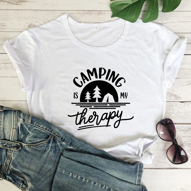 

Camping Is My Therapy Soft Premium T-Shirt Funny Camping Tshirt Casual Women Graphic Adventure Outdoorsy Summer Tees Tops