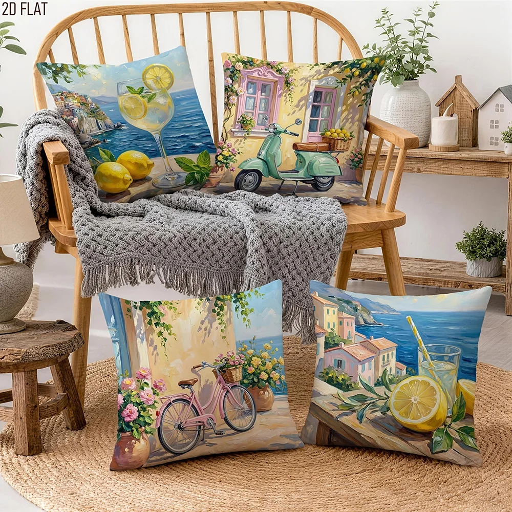 1/4pcs Coastal Vintage Pink Bicycle Floral Throw Pillow Cover Home farmhouse outdoor decoration cushion cover