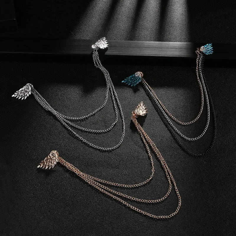 Vintage Fixed Wings Brooch Jewelry Luxury Tassel Chain Female Neckline Dress Shirt Collar Pin Decoration Men Women Accessories