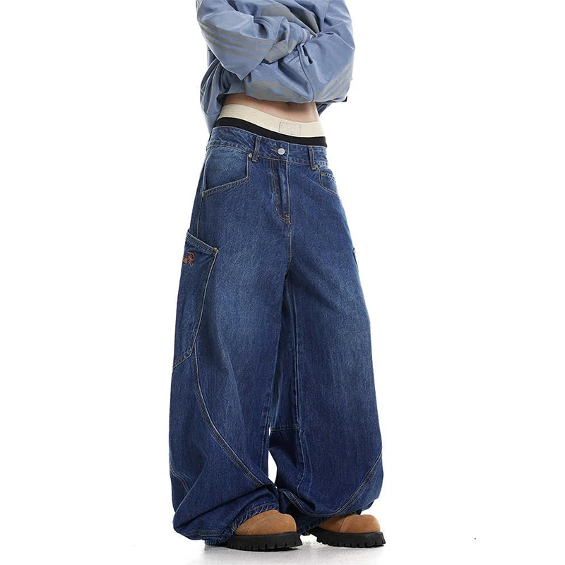 

Retro American Design Large ket Knife Deep Blue Jeans Loose Wide Leg Embroidered Floor-Length Trousers for Men And Women