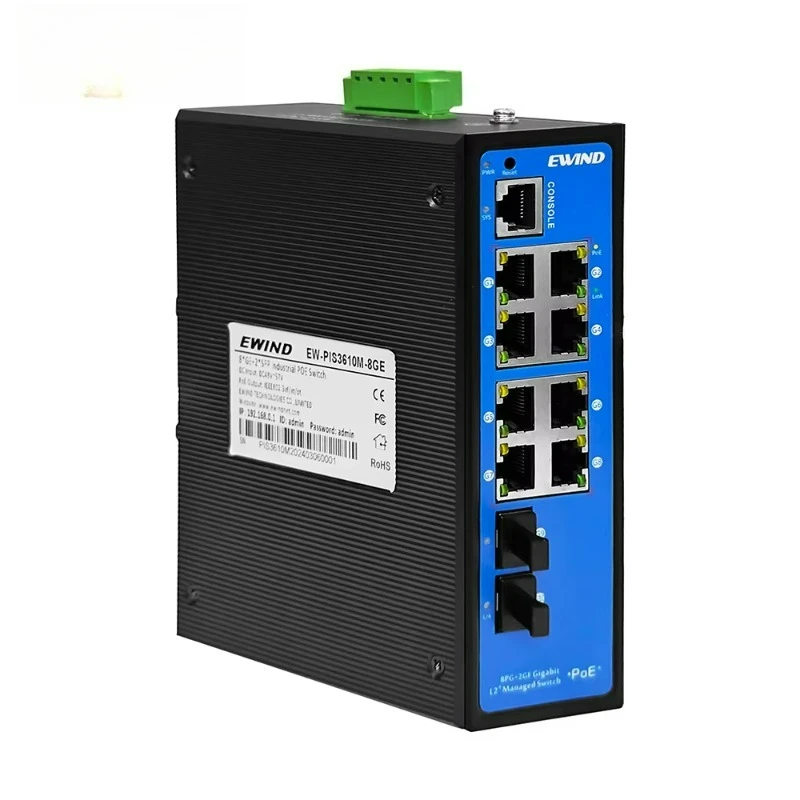 8 Port Gigabit Managed Industrial PoE Switch L2+ with 2 SFP Fiber Ports DIN Rail IP40 Dual Power Input