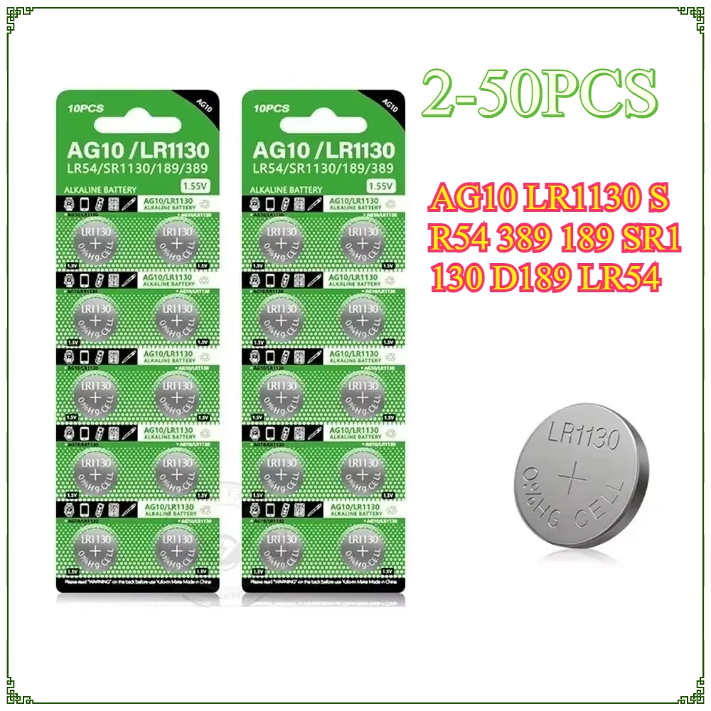 2-50PCS AG10 LR1130 SR54 389 189 SR1130 D189 LR54 Button Batteries G10A SR1130SW Cell Coin Watch Toys Remote Battery1.55V