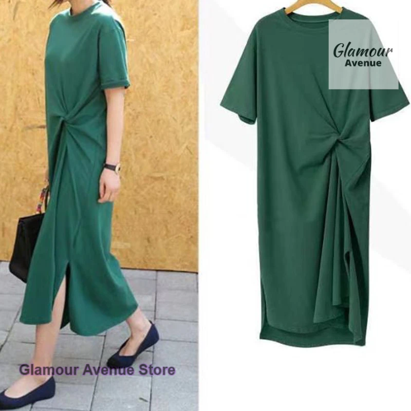 

French style fashion casual niche dress female summer new loose solid color high sense temperament Joker long T-shirt skirt.