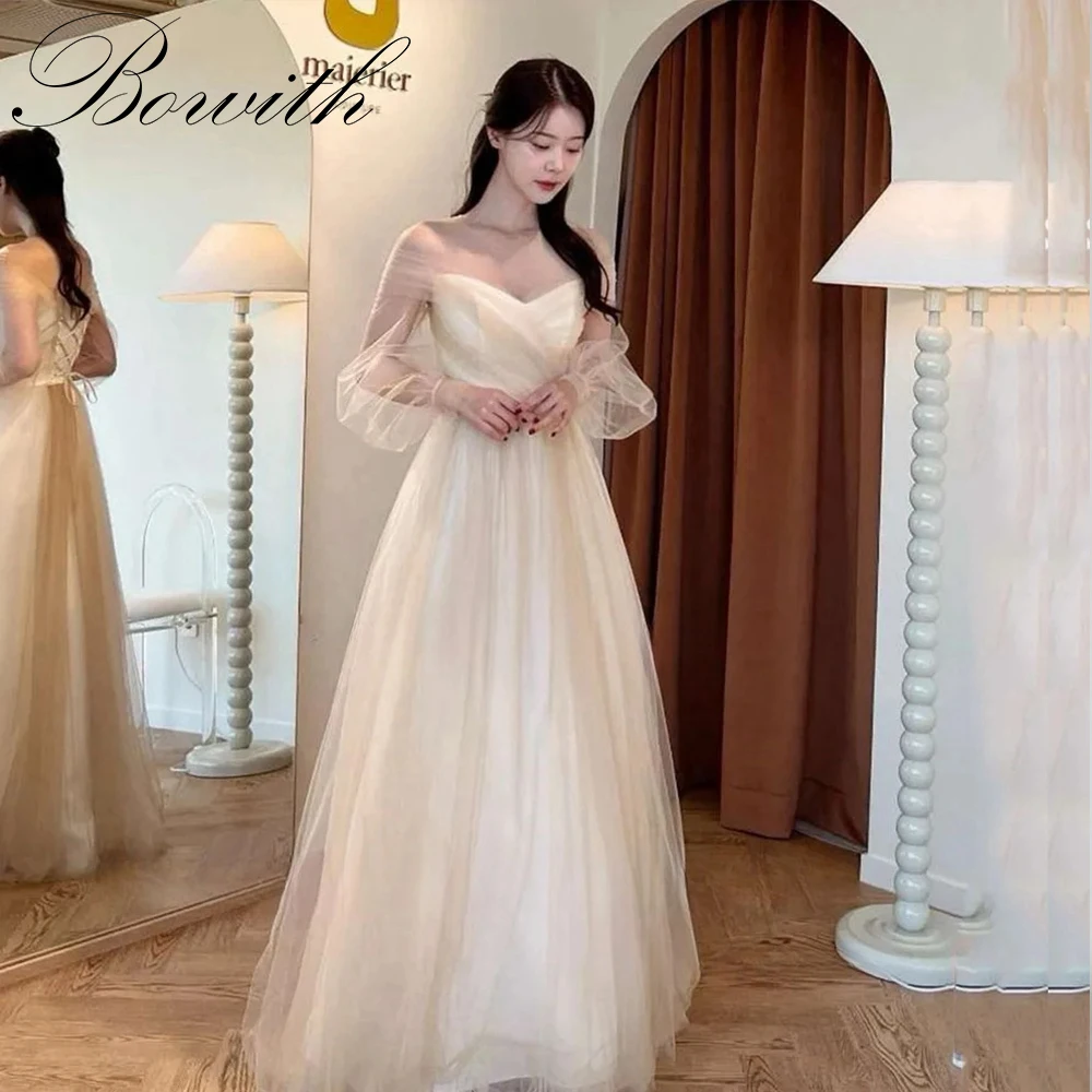 Bowith V Neck Long Puff Sleeve Korea Wedding Dress Princess Photo Shoot Off Shoulder Champagne Corset Customized Bridal Gown