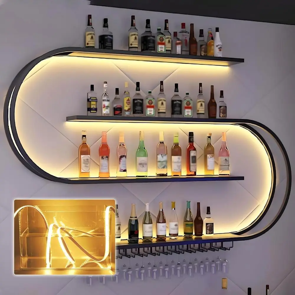 

Настенная 4-ярусная винная полка 47.2 дюйма с LED-подсветкой и крючками для бокалов, черная, идеально подходит для кухни или домашнего бара
