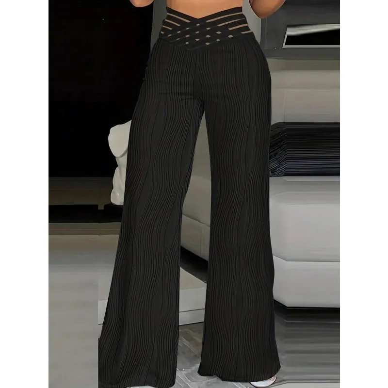 Pantalones de mujer Moda Cintura superpuesta Parche de malla transparente Casual Plain Cintura alta Pierna ancha Pantalones largos acampanados