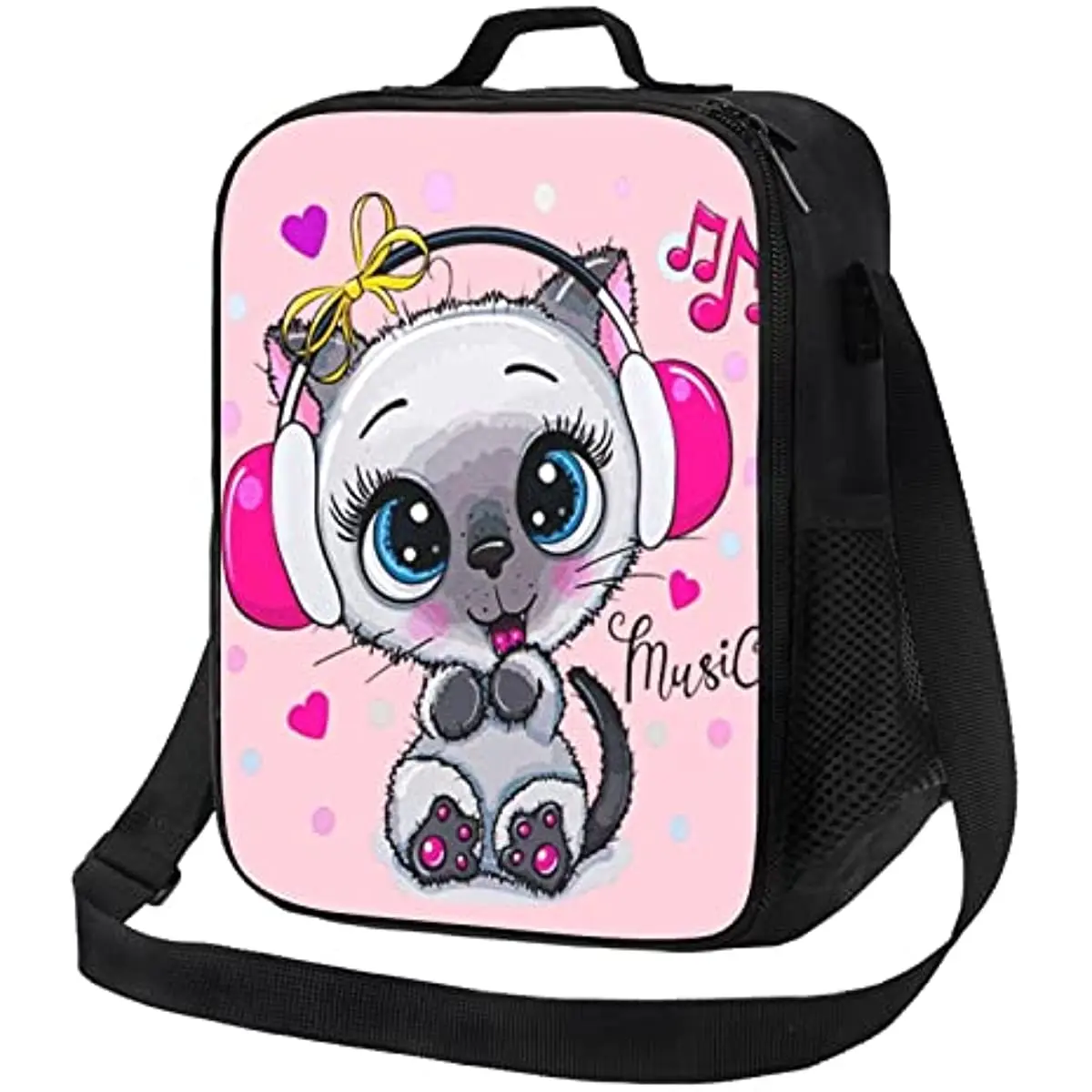 Insulated Lunch Bag for Girls Women Pink Cute Cat Lunch Bag with Shoulder Strap School Bento Lunch Box for Kids Toddlers Teens