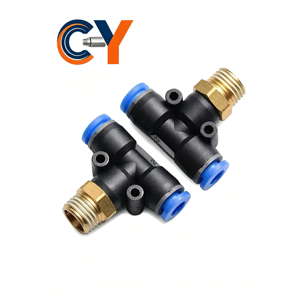 PB Pneumatic T-Type 3 Way Quick Connect Fitting, External Thread Air Hose Joint, Brass PT Thread Push In Air Tube Connector
