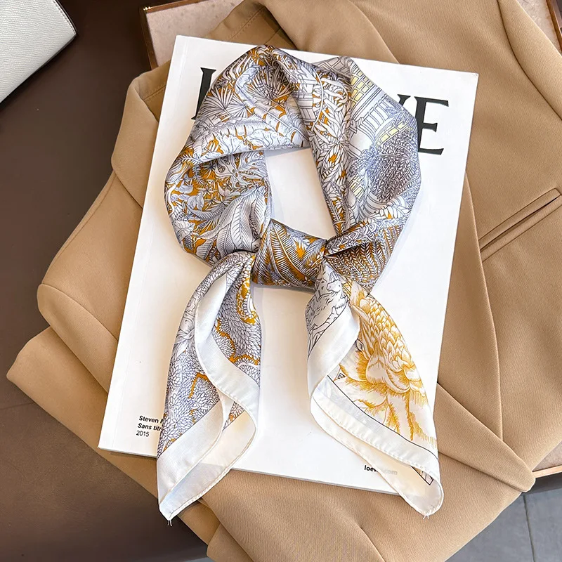 Luxury Floral Leaf Print Silk Square Scarf for Women Hands Bag Ribbions Soft Satin Kerchief Hairband Head Hijab Female Headband