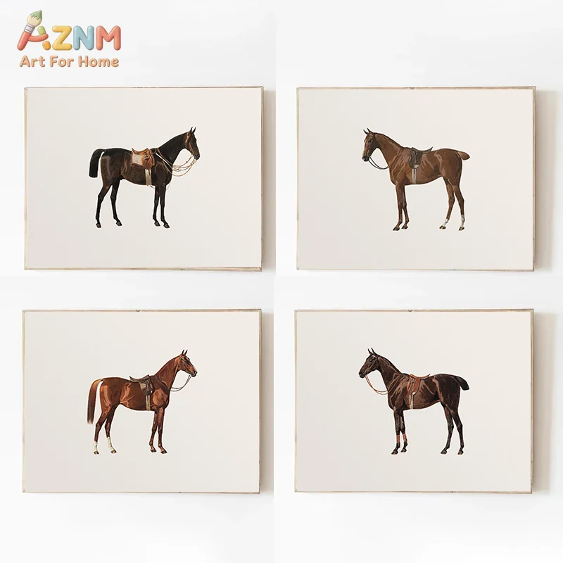 AZNM Vintage Horse Canvas Wall Art Classic Saddle Steed Neutral Watercolor Painting Print Farmhouse Bedroom Unframed Decor Print