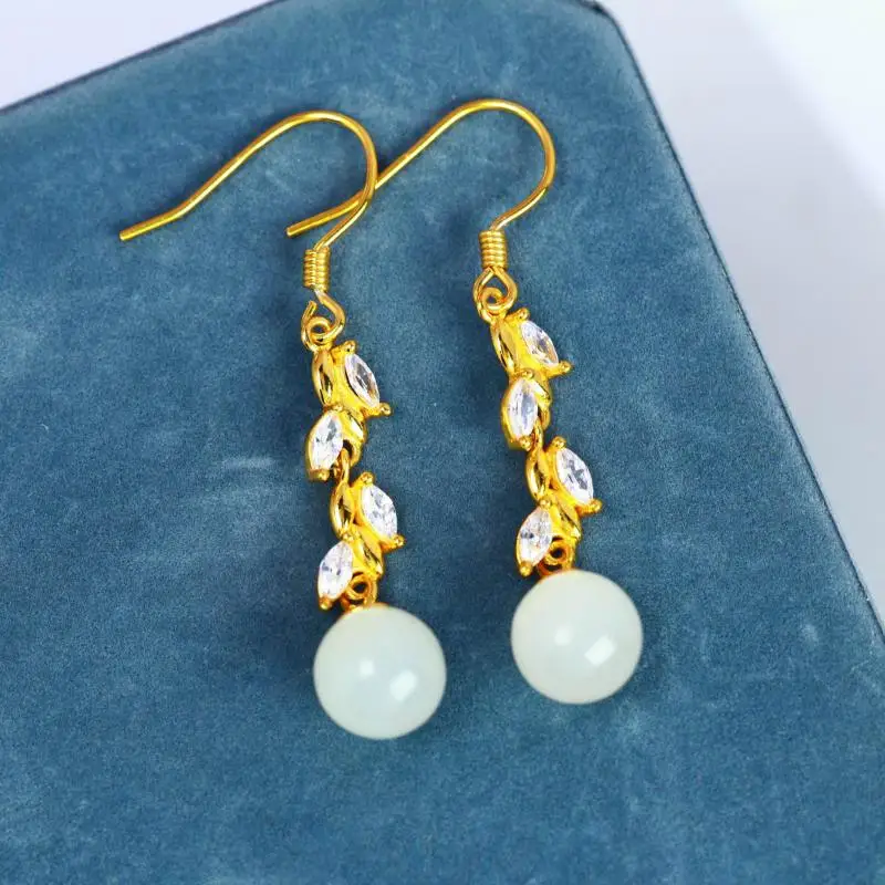 Genuine China Nephrite Stone White Hetian Jade Round Beads Luxury Zircon Dangle Earrings 925 Silver Certified Jewelry Women Gift