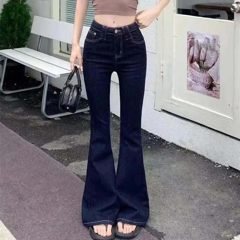 

American 2026 New Retro Deep Blue High-Waist Elastic Slimming Floor-Length Horse-Hoop Jeans Trendy Long Pants Straight Body Fit