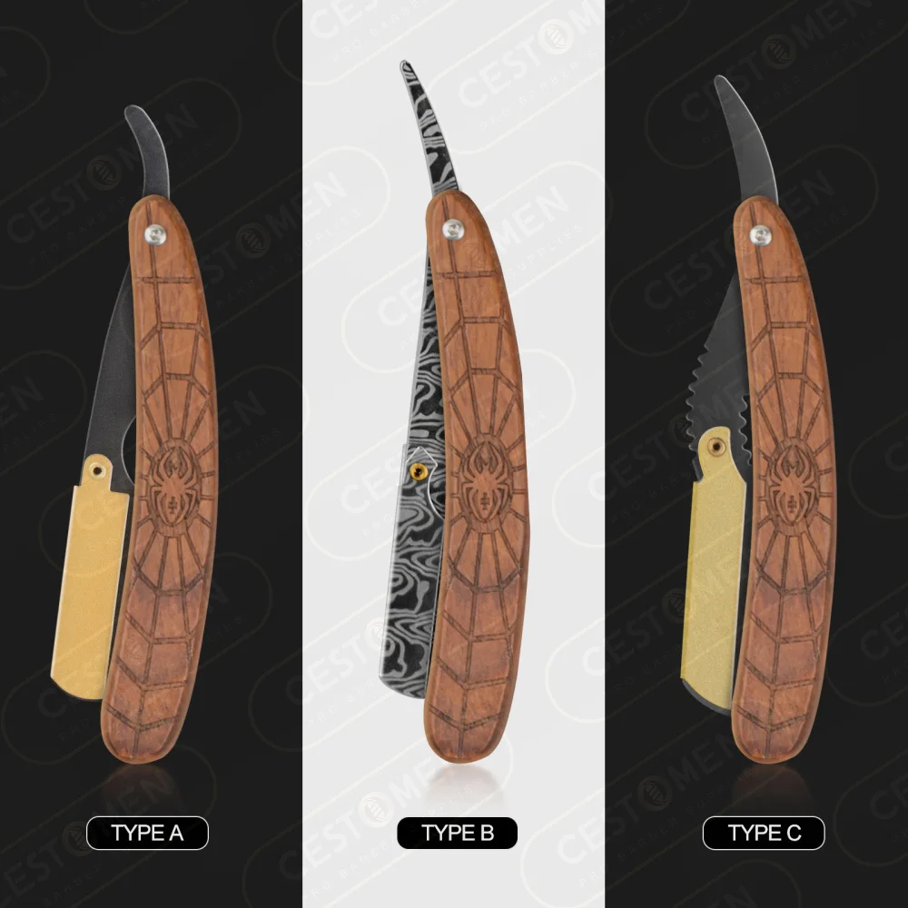 CESTOMEN Spider Wood Handle Classic Straight Razor Knife Barber Beard Shaving Tools Single Blade Cut Throat Razor