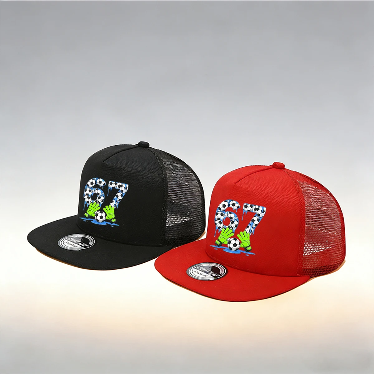 1/2PC Flat Brim Mesh Trucker Hat, Breathable, Soccer Ball 67 Goalkeeper Gloves Print, Sporty Streetwear for Men Women