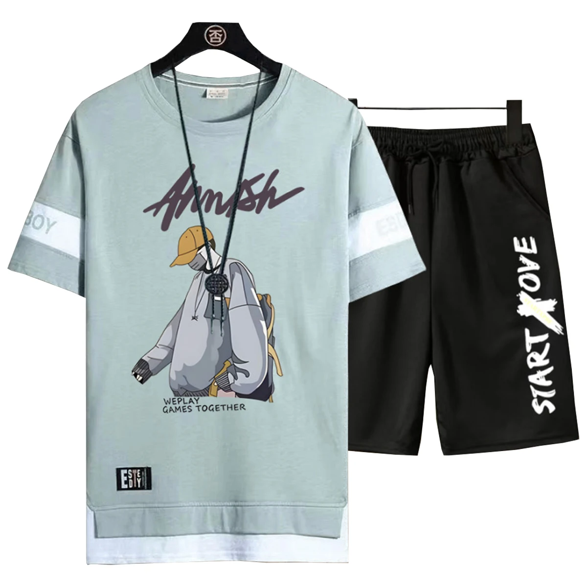 Men's Short Sleeved Shirt Casual Shorts Letter Printed Pattern Round Neck Top Youth Student hip-hop Clothing Spring Summer
